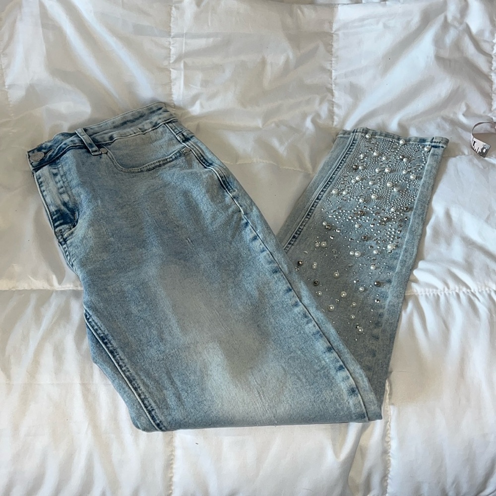 Montana High Rise Acid Wash Pearl Accented Skinny Stretch Jeans size 12